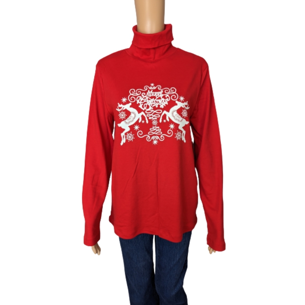 White Stag Red Merry Christmas Long Sleeve Turtleneck Shirt L